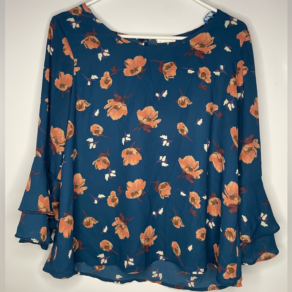 🔥 Blue Blouse with Orange Flowers